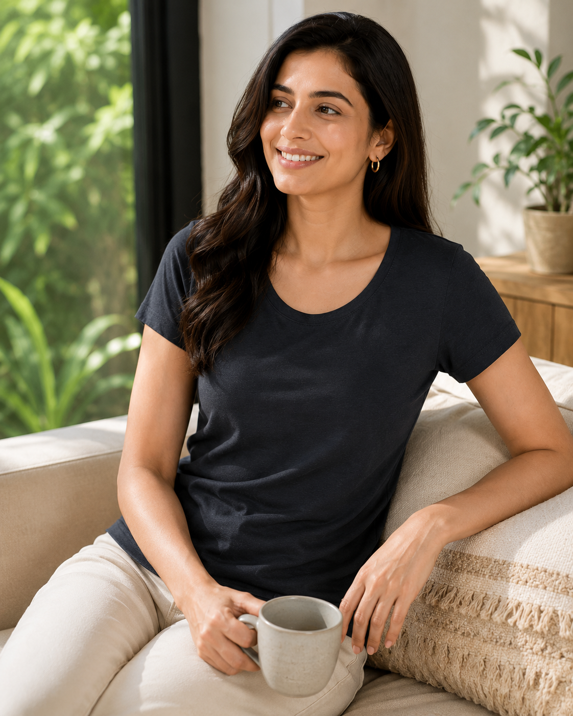 Nature Plus Women's Lightweight Charcoal Blue Bamboo Half Sleeve T-Shirts Made for Indian Summers